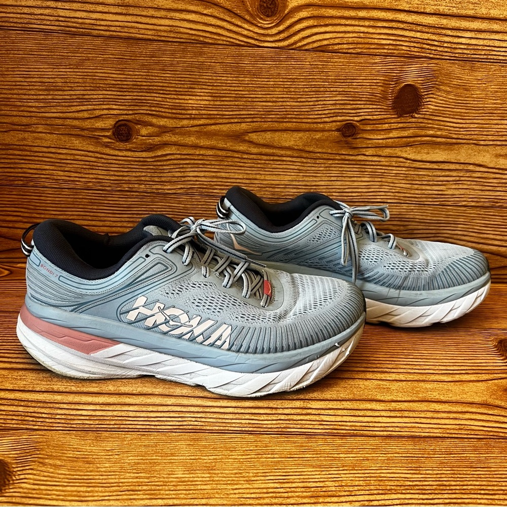 Hoka One One Women's Light Blue Gray Athletic Running Shoes with Pink Accent